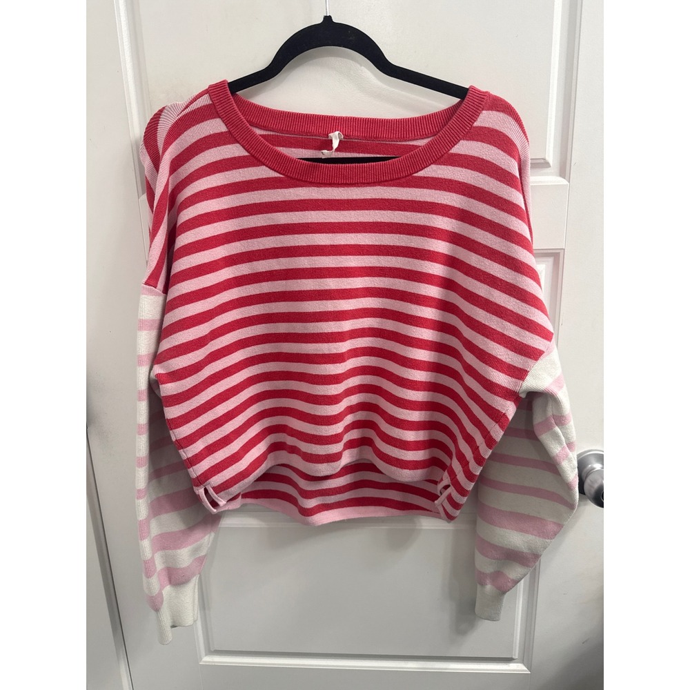 Daily Practice Anthropologie Striped Pullover Crop Sweater Pink Red Large